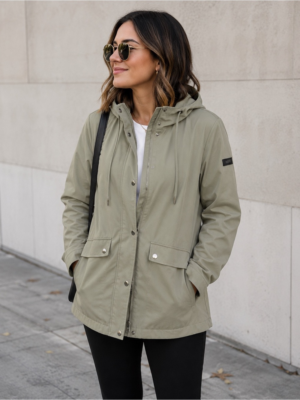 DKNY Hooded Rain Jacket Olive Green Lightweight Waterproof Coat Size L